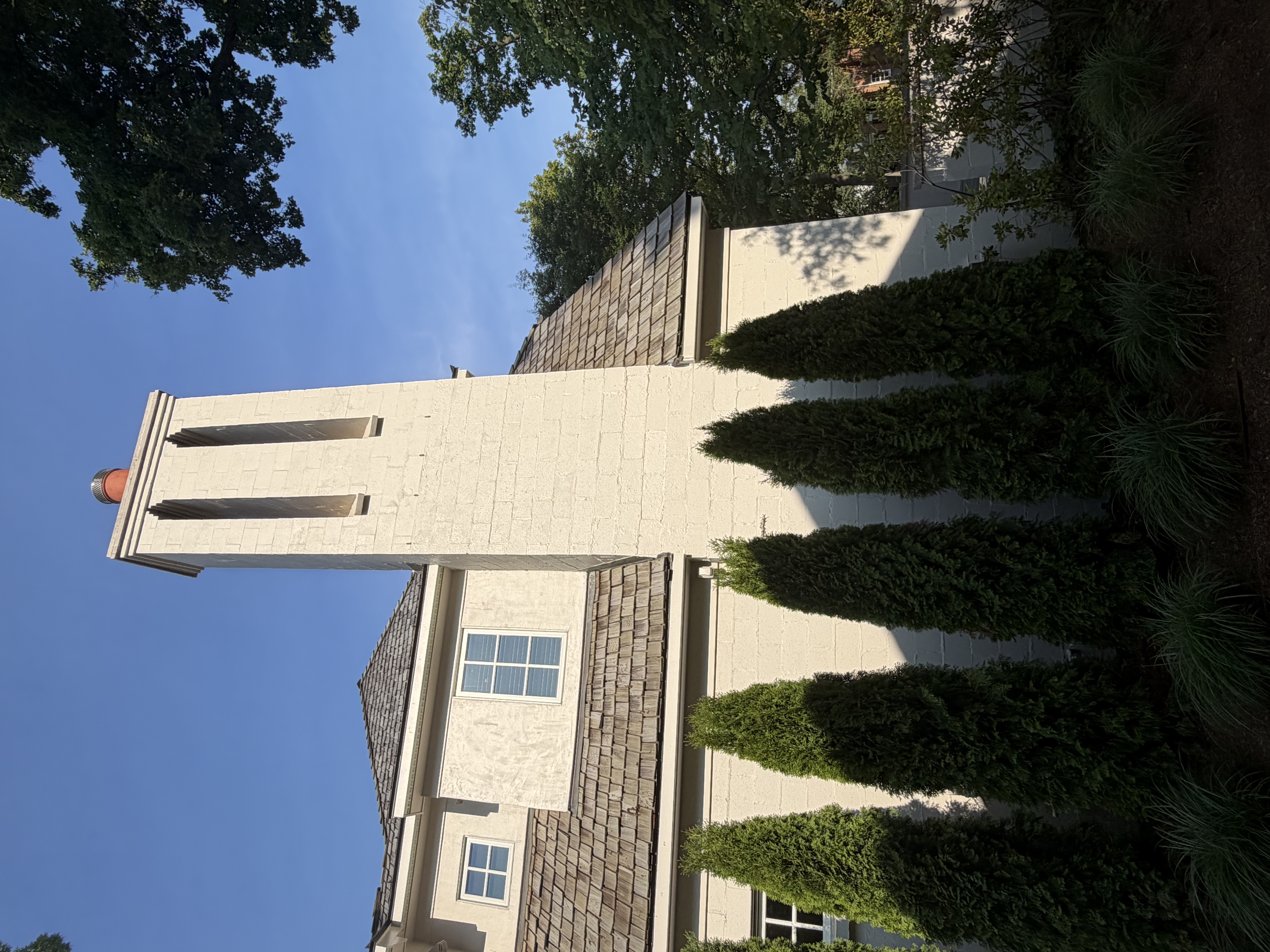 White chimney surrounded by tall evergreens